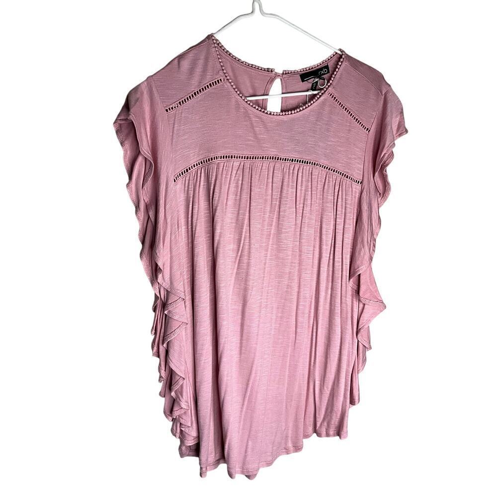 RXB Blouse Flutter Sleeve Ruffle Trim Short Sleeves Pink Womens Medium NWT